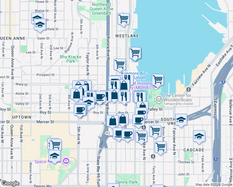 map of restaurants, bars, coffee shops, grocery stores, and more near 701 Aloha Street in Seattle