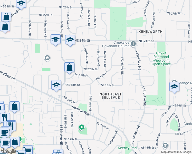 map of restaurants, bars, coffee shops, grocery stores, and more near 16802 Northeast 19th Street in Bellevue
