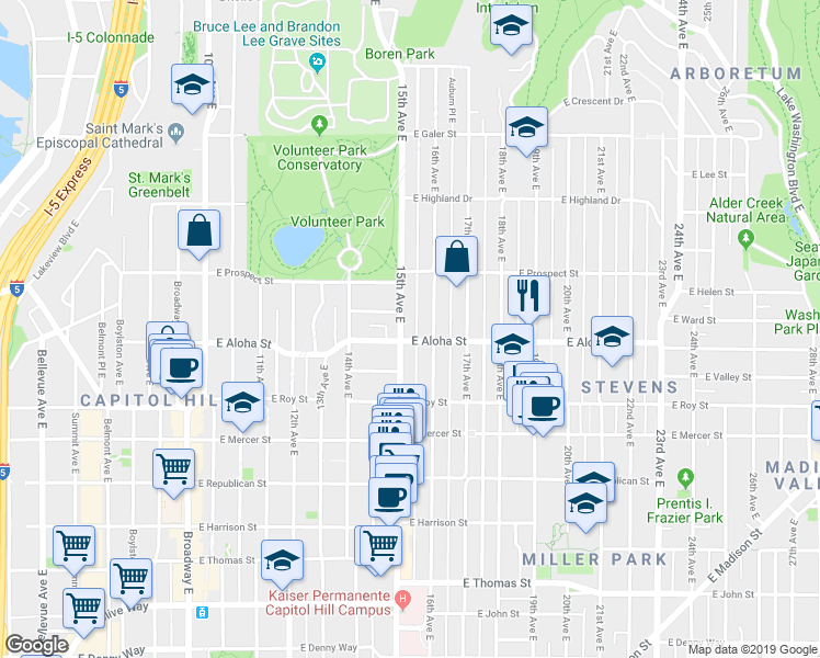 map of restaurants, bars, coffee shops, grocery stores, and more near 741 16th Avenue East in Seattle