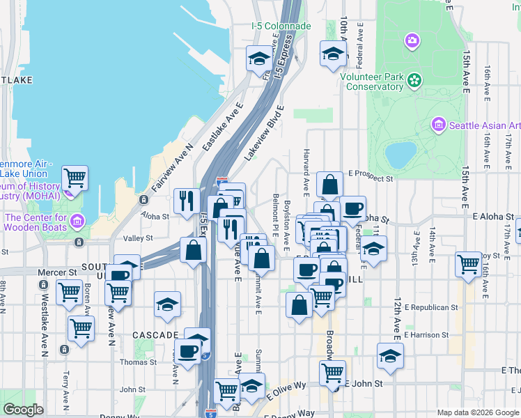 map of restaurants, bars, coffee shops, grocery stores, and more near 750 Belmont Avenue East in Seattle