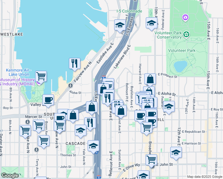 map of restaurants, bars, coffee shops, grocery stores, and more near in Seattle