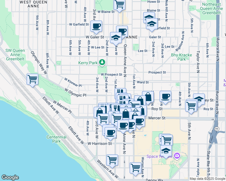 map of restaurants, bars, coffee shops, grocery stores, and more near 101 West Olympic Place in Seattle