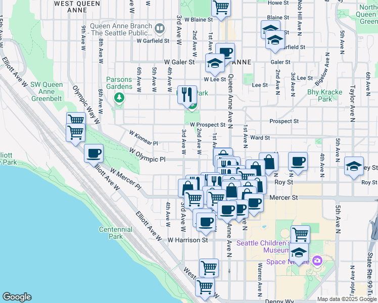 map of restaurants, bars, coffee shops, grocery stores, and more near in Seattle