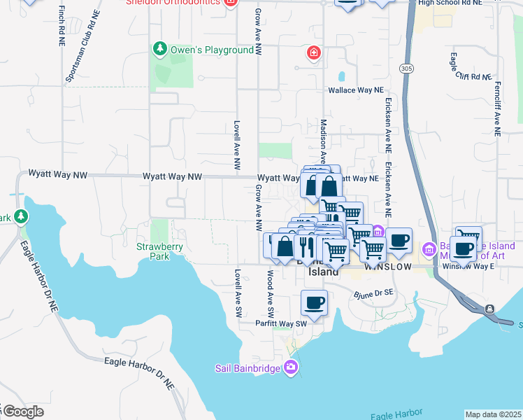 map of restaurants, bars, coffee shops, grocery stores, and more near 385 Shepard Way Northwest in Bainbridge Island