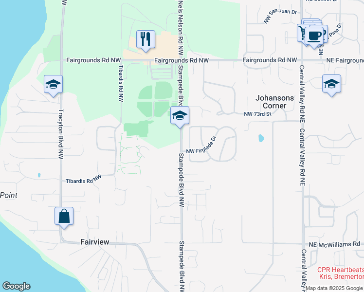 map of restaurants, bars, coffee shops, grocery stores, and more near 6835 Stampede Boulevard Northwest in Bremerton