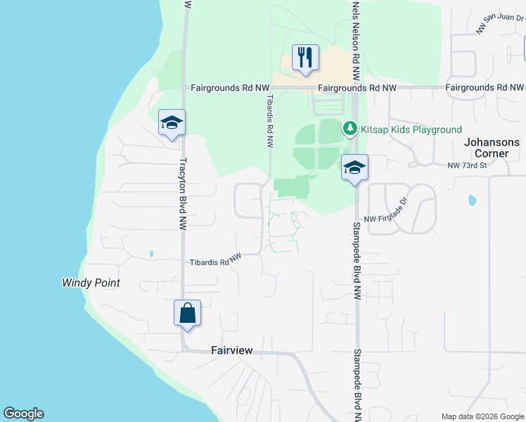 map of restaurants, bars, coffee shops, grocery stores, and more near 7050 Tibardis Road Northwest in Bremerton