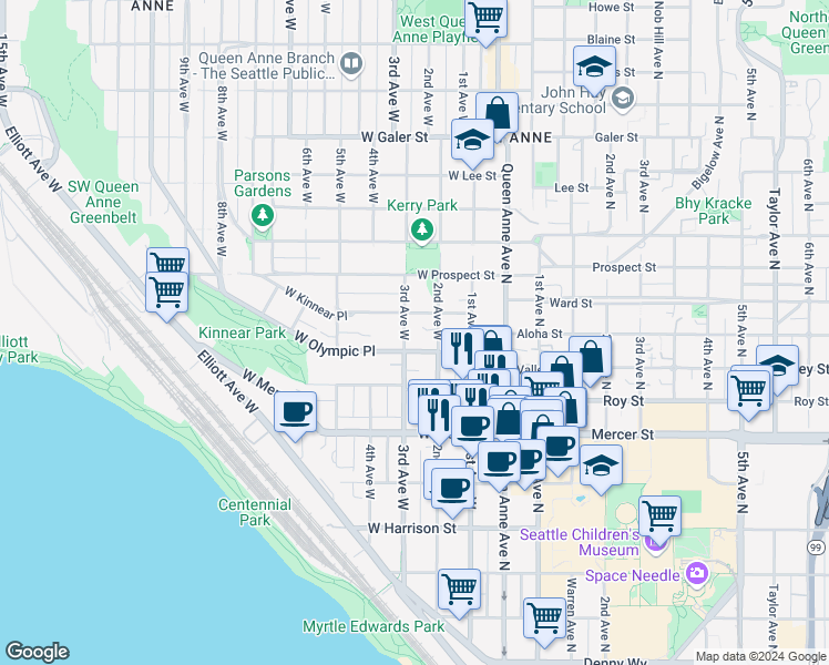 map of restaurants, bars, coffee shops, grocery stores, and more near in Seattle