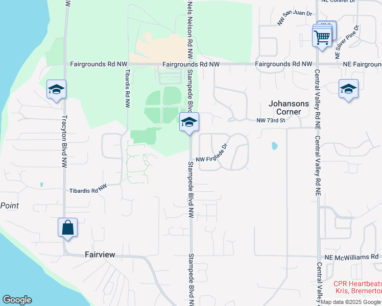 map of restaurants, bars, coffee shops, grocery stores, and more near 7070 Stampede Boulevard Northwest in Bremerton