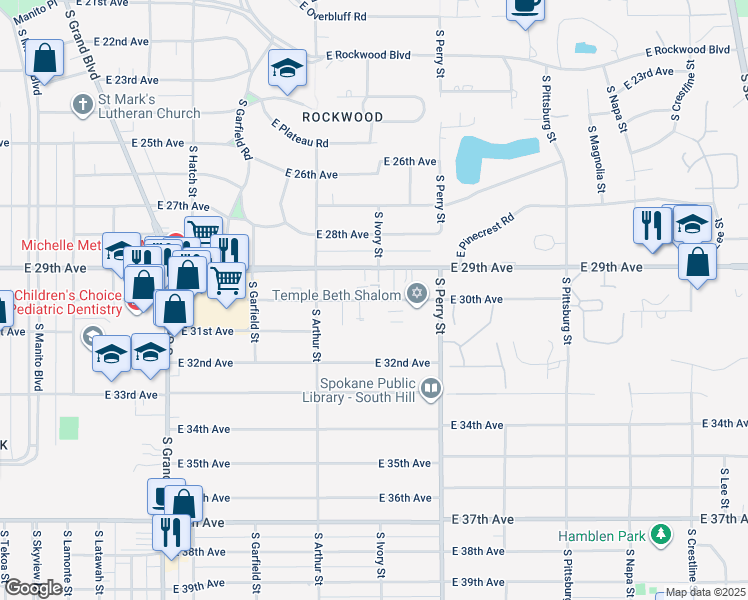 map of restaurants, bars, coffee shops, grocery stores, and more near 1116 East 30th Avenue in Spokane