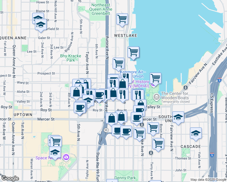 map of restaurants, bars, coffee shops, grocery stores, and more near 901 Dexter Avenue North in Seattle