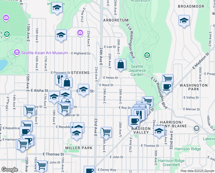 map of restaurants, bars, coffee shops, grocery stores, and more near 2407 East Ward Street in Seattle