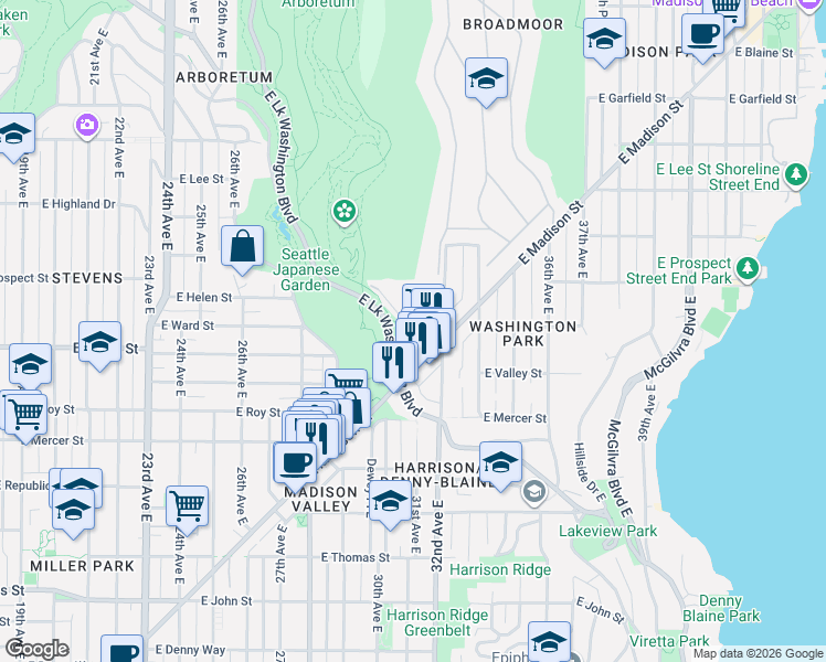 map of restaurants, bars, coffee shops, grocery stores, and more near 930 31st Avenue East in Seattle