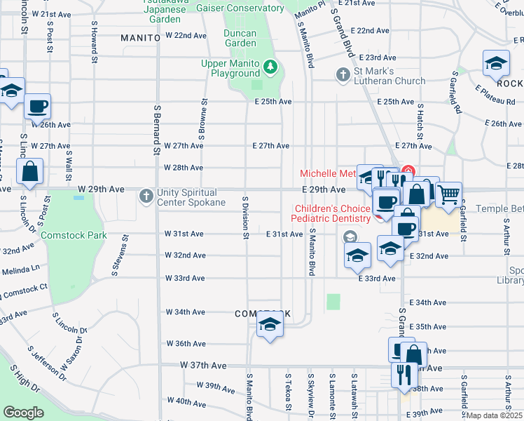 map of restaurants, bars, coffee shops, grocery stores, and more near 8 East 29th Avenue in Spokane