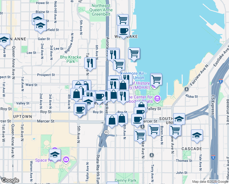 map of restaurants, bars, coffee shops, grocery stores, and more near 1000 Aurora Avenue North in Seattle