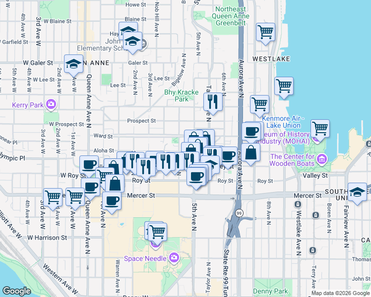 map of restaurants, bars, coffee shops, grocery stores, and more near 60 4th Avenue North in Seattle