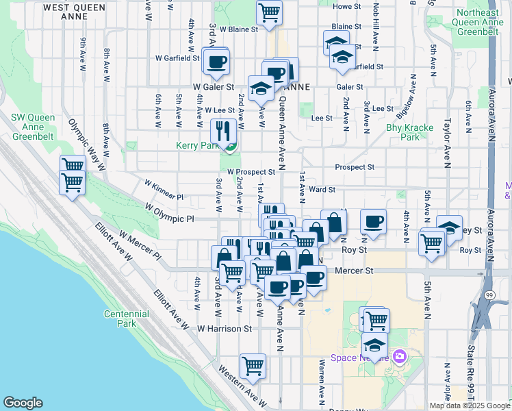 map of restaurants, bars, coffee shops, grocery stores, and more near 1001 1st Avenue West in Seattle
