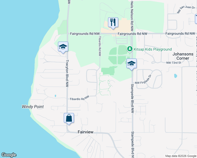 map of restaurants, bars, coffee shops, grocery stores, and more near 7050 Tibardis Road Northwest in Bremerton