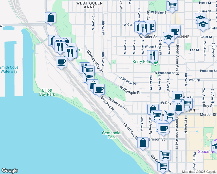 map of restaurants, bars, coffee shops, grocery stores, and more near 899 West Olympic Place in Seattle