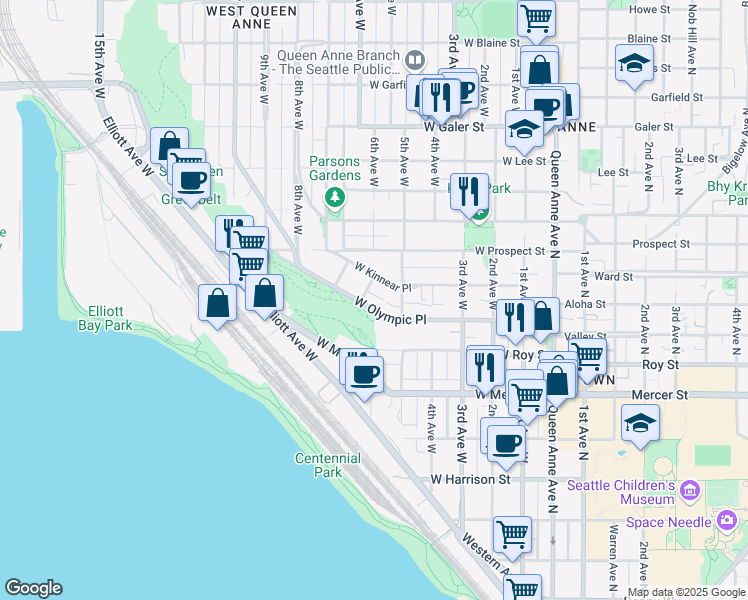 map of restaurants, bars, coffee shops, grocery stores, and more near 510 West Kinnear Place in Seattle