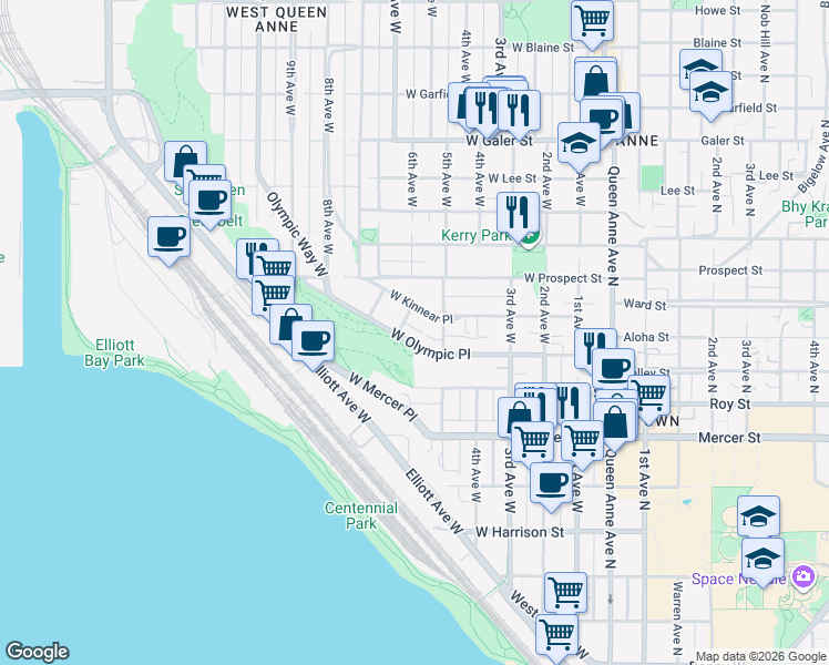 map of restaurants, bars, coffee shops, grocery stores, and more near 510 West Kinnear Place in Seattle