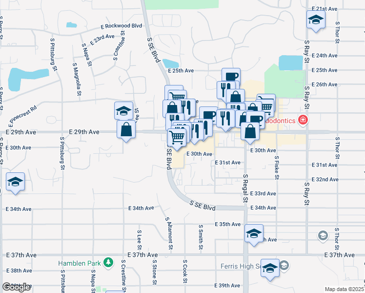 map of restaurants, bars, coffee shops, grocery stores, and more near 2522 East 29th Avenue in Spokane