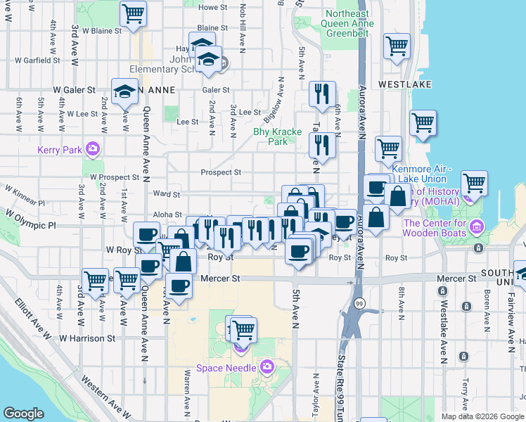 map of restaurants, bars, coffee shops, grocery stores, and more near 60 4th Avenue North in Seattle
