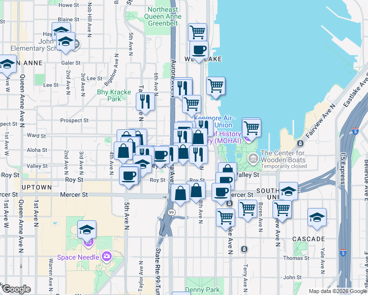 map of restaurants, bars, coffee shops, grocery stores, and more near 901 Dexter Avenue North in Seattle