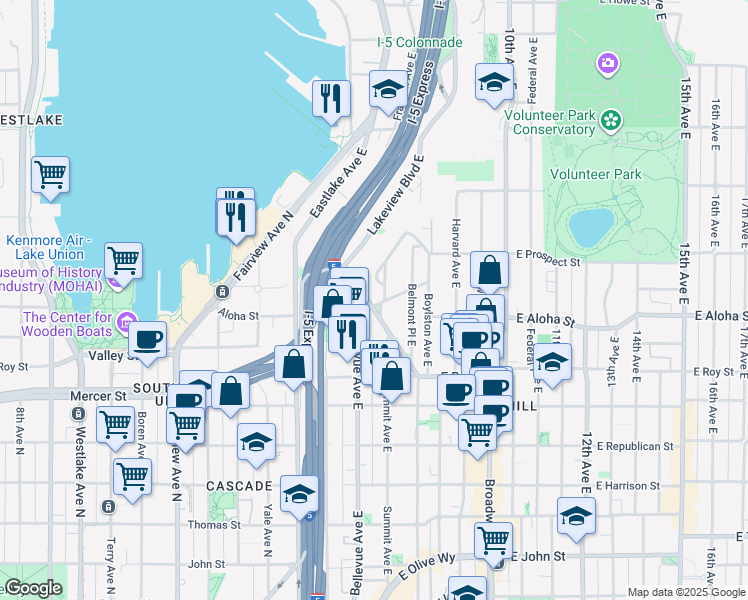 map of restaurants, bars, coffee shops, grocery stores, and more near 1004 Belmont Avenue East in Seattle