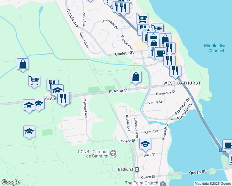 map of restaurants, bars, coffee shops, grocery stores, and more near 671 Saint Anne Street in Bathurst