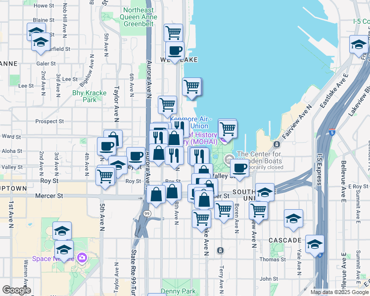 map of restaurants, bars, coffee shops, grocery stores, and more near 925 Westlake Avenue in Seattle