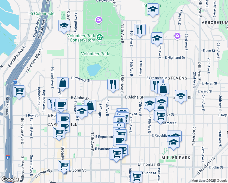 map of restaurants, bars, coffee shops, grocery stores, and more near 1007 15th Avenue East in Seattle