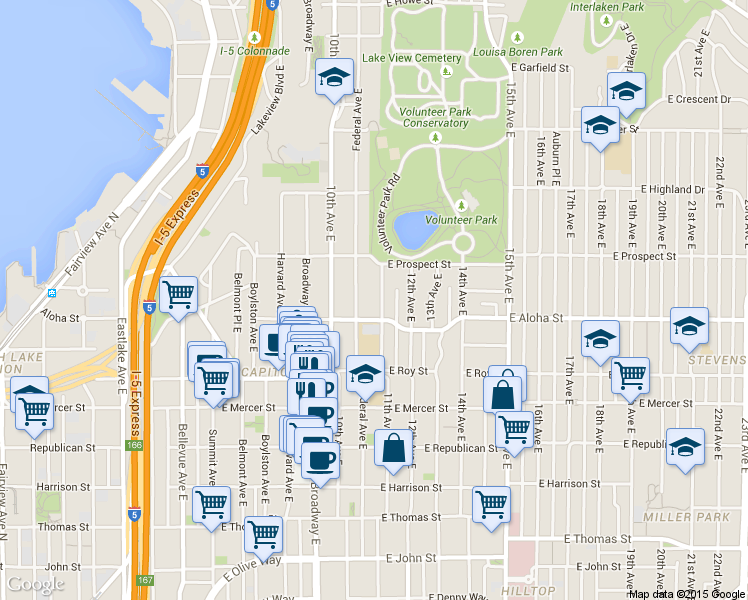 map of restaurants, bars, coffee shops, grocery stores, and more near 938 Federal Avenue East in Seattle