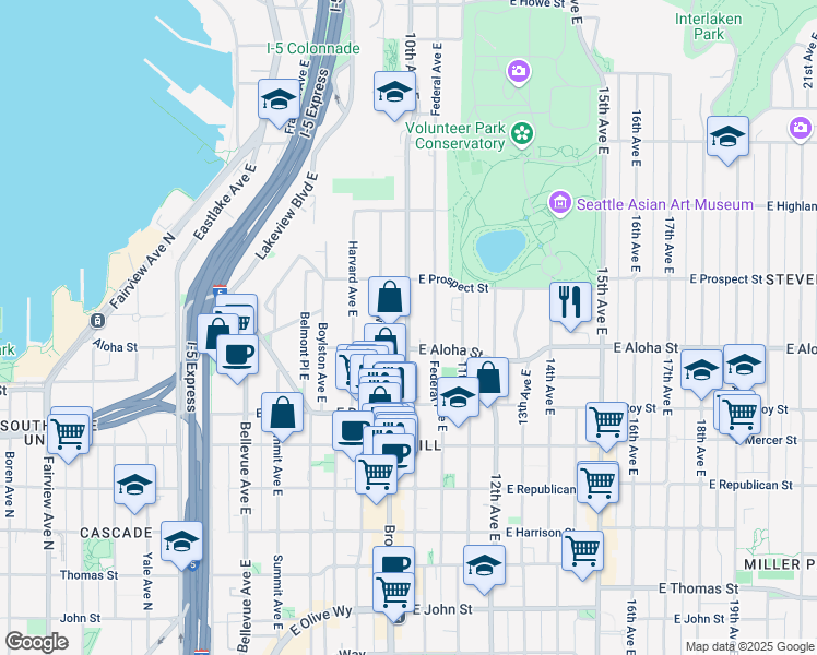 map of restaurants, bars, coffee shops, grocery stores, and more near 921 10th Avenue East in Seattle