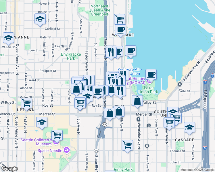 map of restaurants, bars, coffee shops, grocery stores, and more near 1000 Aurora Avenue North in Seattle