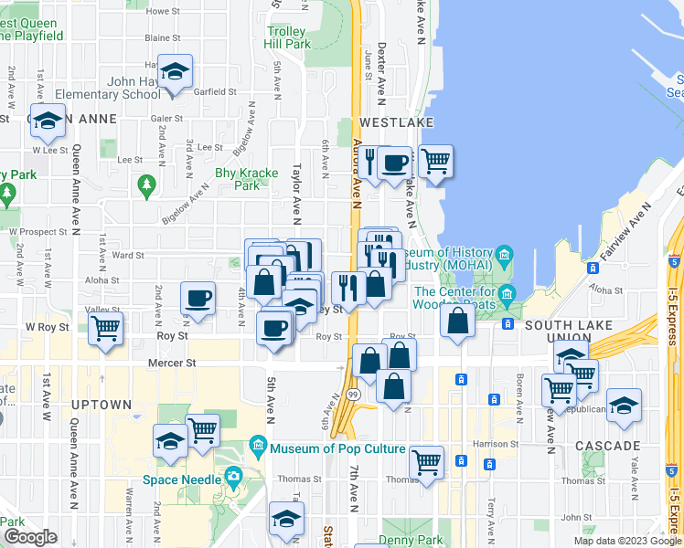 map of restaurants, bars, coffee shops, grocery stores, and more near 610 Ward Street in Seattle