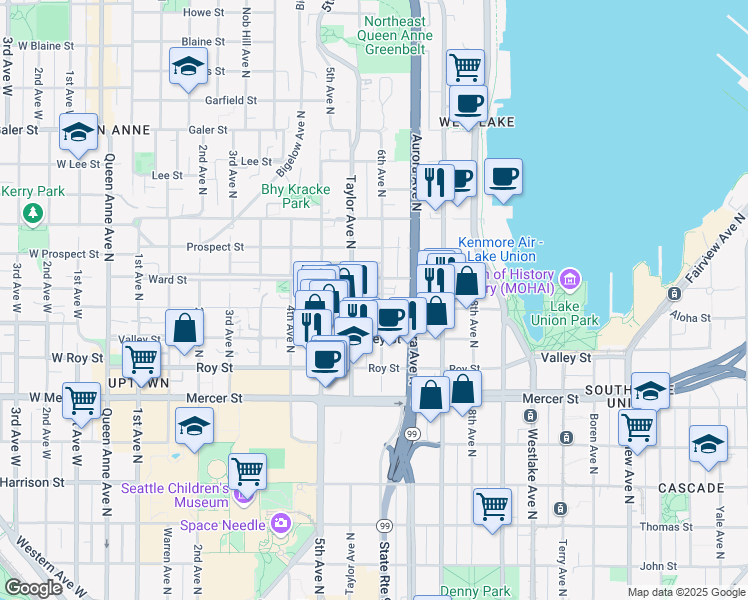 map of restaurants, bars, coffee shops, grocery stores, and more near 553 Ward Street in Seattle