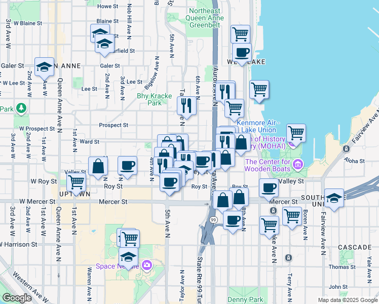 map of restaurants, bars, coffee shops, grocery stores, and more near 553 Ward Street in Seattle