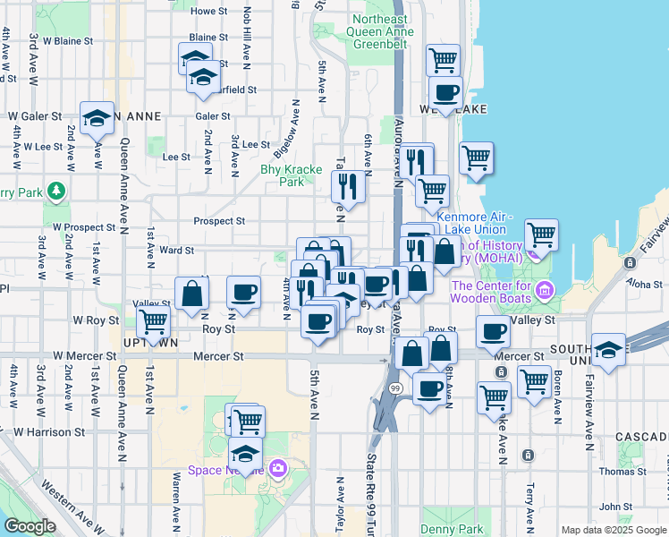 map of restaurants, bars, coffee shops, grocery stores, and more near 553 Ward Street in Seattle