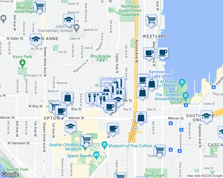 map of restaurants, bars, coffee shops, grocery stores, and more near 1000 5th Avenue North in Seattle