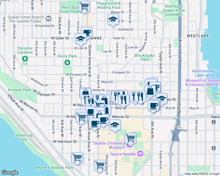 map of restaurants, bars, coffee shops, grocery stores, and more near 153 Ward Street in Seattle