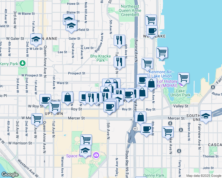 map of restaurants, bars, coffee shops, grocery stores, and more near 500 Aloha Street in Seattle