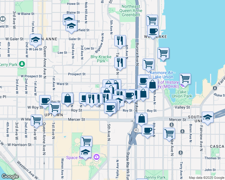 map of restaurants, bars, coffee shops, grocery stores, and more near 500 Aloha Street in Seattle