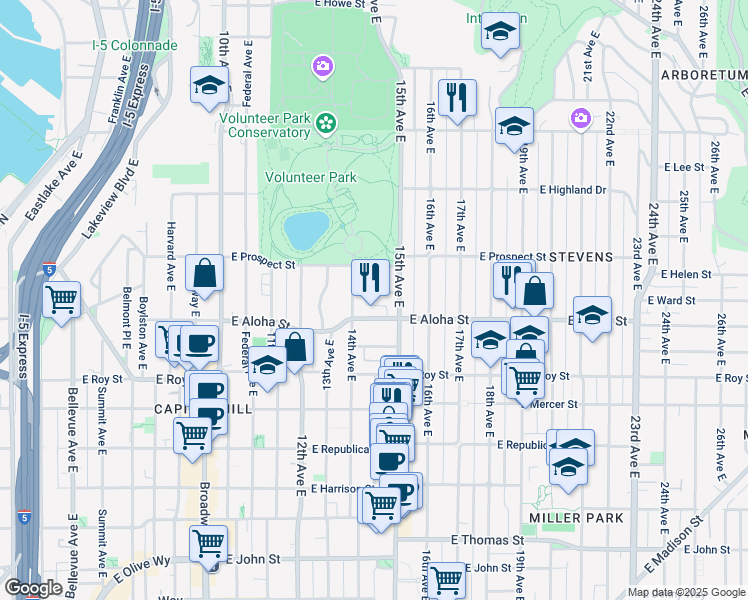 map of restaurants, bars, coffee shops, grocery stores, and more near 1007 15th Avenue East in Seattle