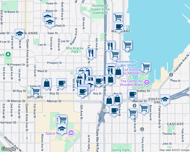 map of restaurants, bars, coffee shops, grocery stores, and more near 909 6th Avenue North in Seattle