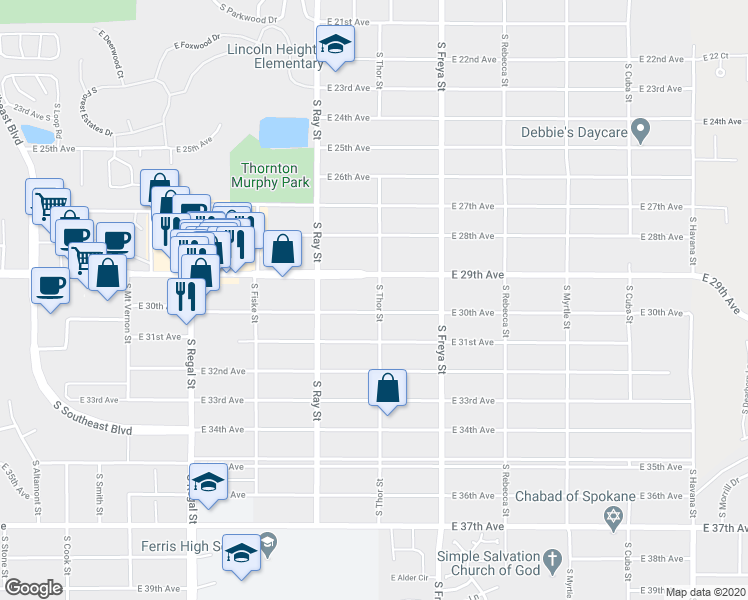 map of restaurants, bars, coffee shops, grocery stores, and more near 2926 South Thor Street in Spokane