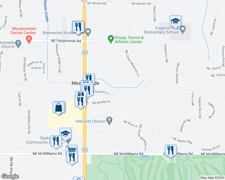 map of restaurants, bars, coffee shops, grocery stores, and more near 7024 Stourbridge Place Northeast in Bremerton
