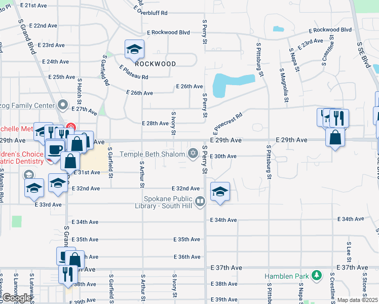 map of restaurants, bars, coffee shops, grocery stores, and more near 1308 East 29th Avenue in Spokane