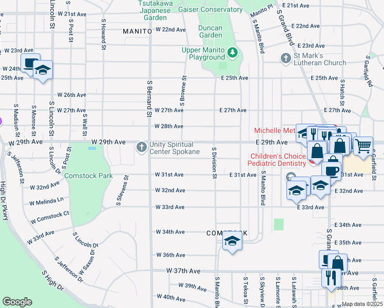 map of restaurants, bars, coffee shops, grocery stores, and more near 111 West 29th Avenue in Spokane