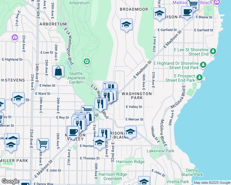 map of restaurants, bars, coffee shops, grocery stores, and more near 1016 32nd Avenue East in Seattle