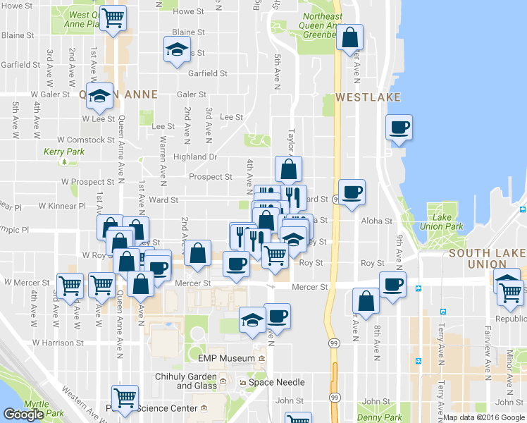 map of restaurants, bars, coffee shops, grocery stores, and more near 1000 5th Avenue North in Seattle